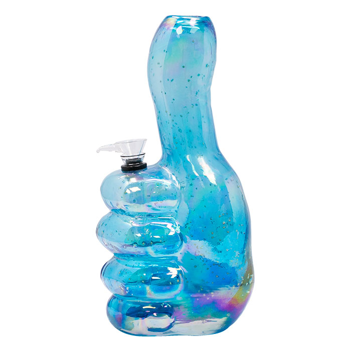 Light Blue Thumbs Up 10 Inches Metallic Glass Bong