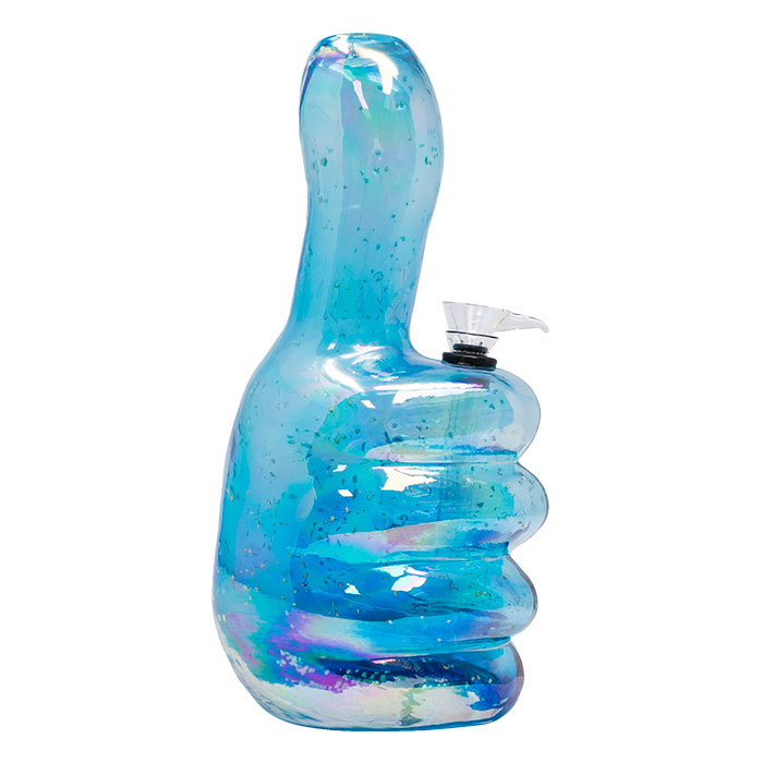 Light Blue Thumbs Up 10 Inches Metallic Glass Bong