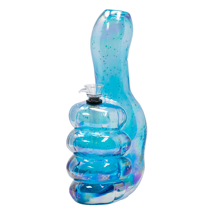 Light Blue Thumbs Up 10 Inches Metallic Glass Bong