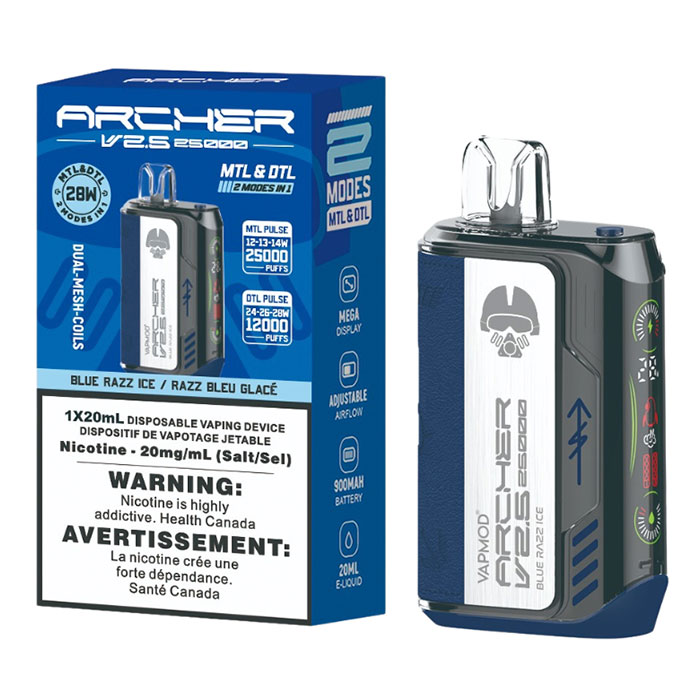 Blue Razz Ice V2.5 Archer 25000 Puffs Disposable Vape Ct 5 By Vapmod