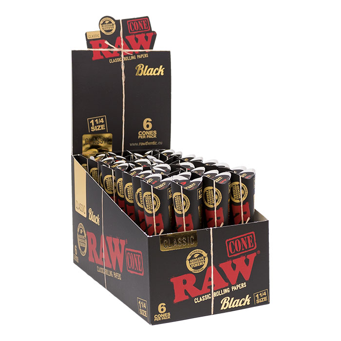 RAW Black 1¼ Classic Pre-Rolled Cones Display Of 32