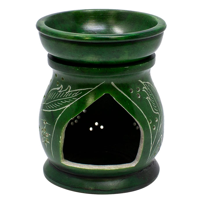 Green Engraved Leaf Motif 5 Inches Soapstone Oil Burner