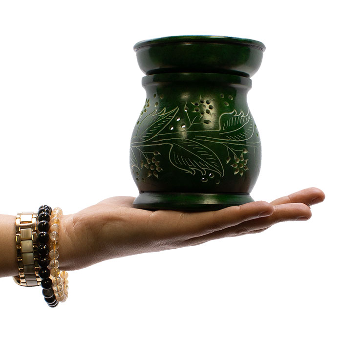 Green Engraved Leaf Motif 5 Inches Soapstone Oil Burner