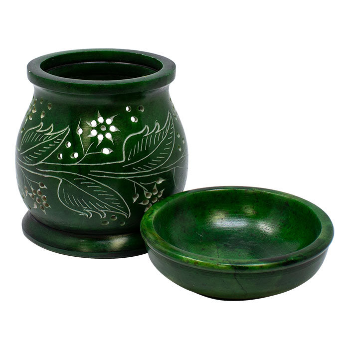 Green Engraved Leaf Motif 5 Inches Soapstone Oil Burner