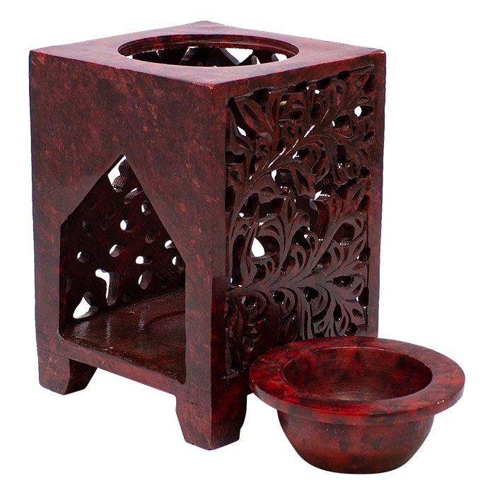 Maroon Screened Square 5 Inches Soapstone Oil Burner