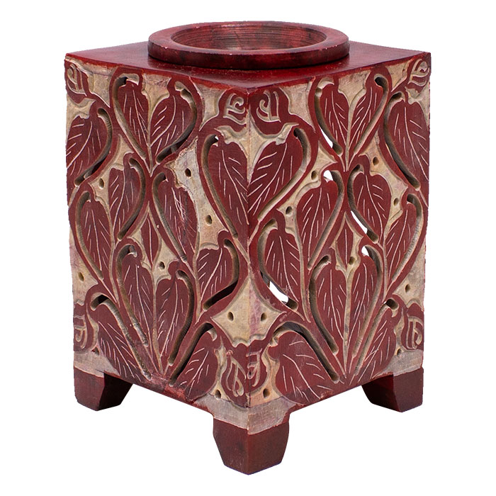 Red Leaf Engraved Artwork Square 5 Inches Soapstone Oil Burner