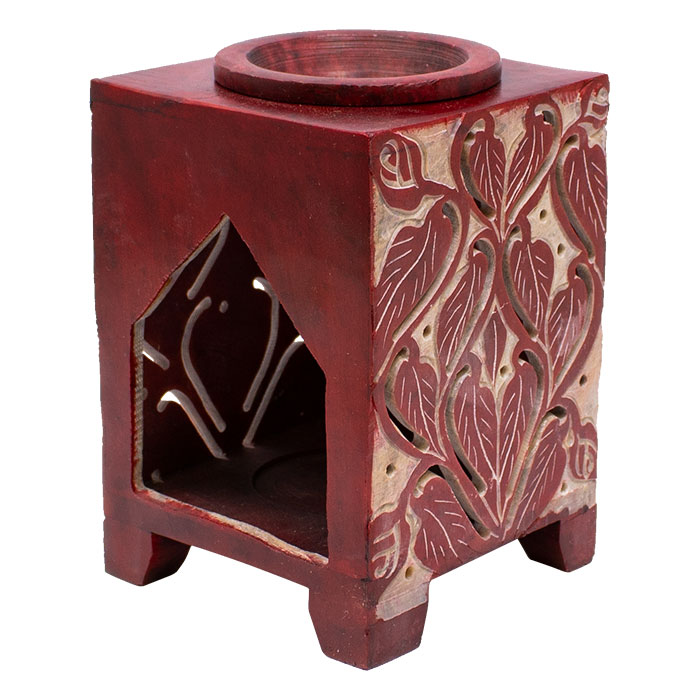 Red Leaf Engraved Artwork Square 5 Inches Soapstone Oil Burner