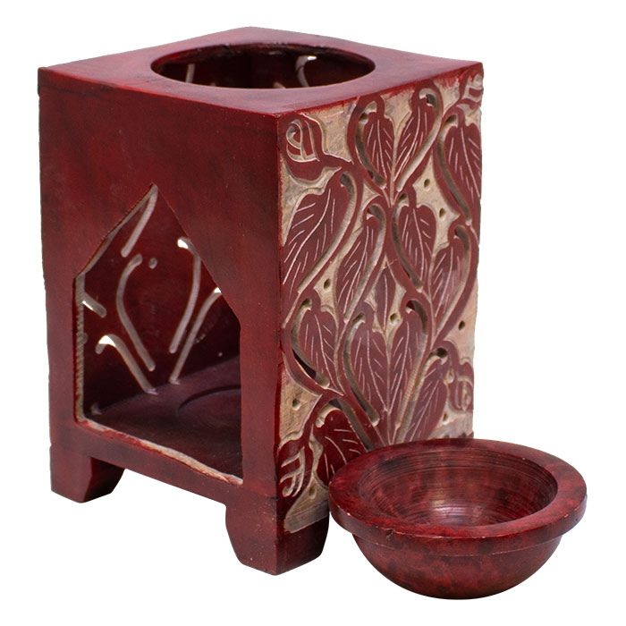 Red Leaf Engraved Artwork Square 5 Inches Soapstone Oil Burner