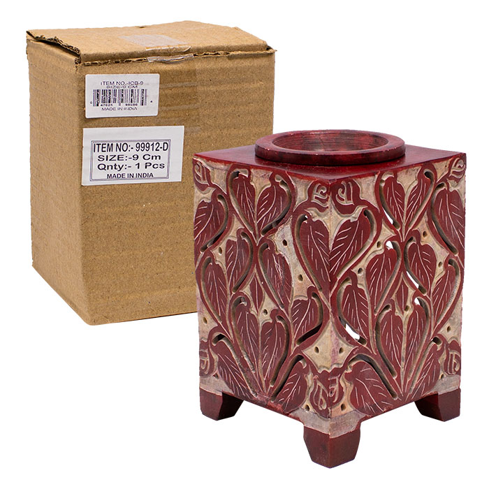 Red Leaf Engraved Artwork Square 5 Inches Soapstone Oil Burner