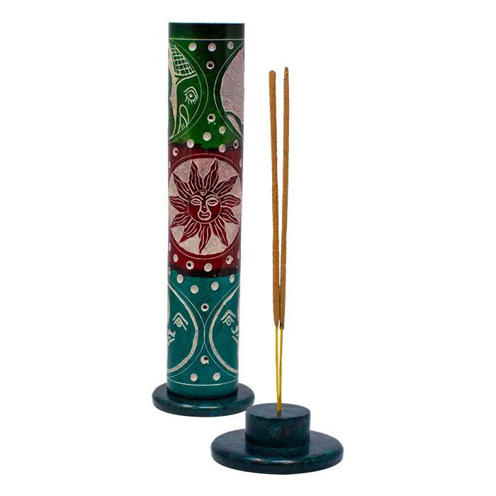 Polychromatic Celestial and Om 11 Inches Soapstone Round Tower Incense Holder