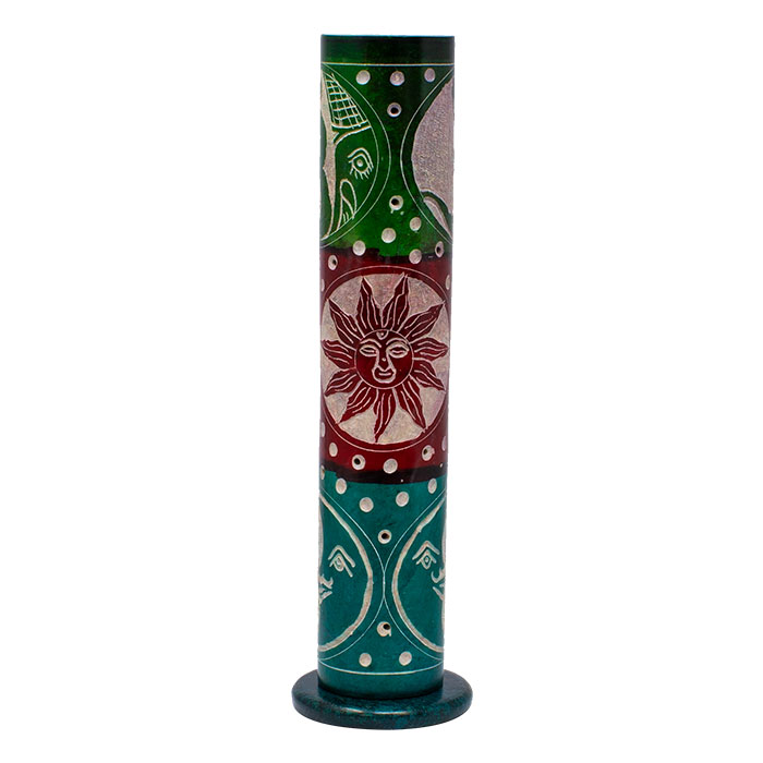 Polychromatic Celestial and Om 11 Inches Soapstone Round Tower Incense Holder