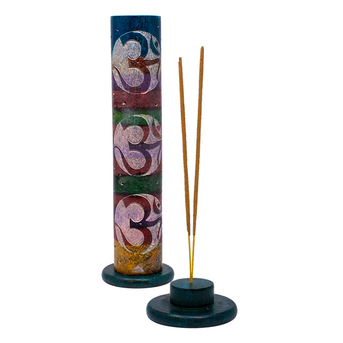 Spectrum Om ॐ and Seven Charkras  11 Inches Soapstone Round Tower Incense Holder