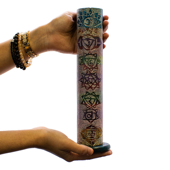 Spectrum Om ॐ and Seven Charkras  11 Inches Soapstone Round Tower Incense Holder