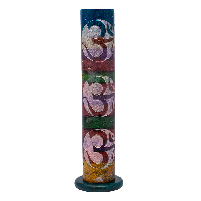 Spectrum Om ॐ and Seven Charkras  11 Inches Soapstone Round Tower Incense Holder