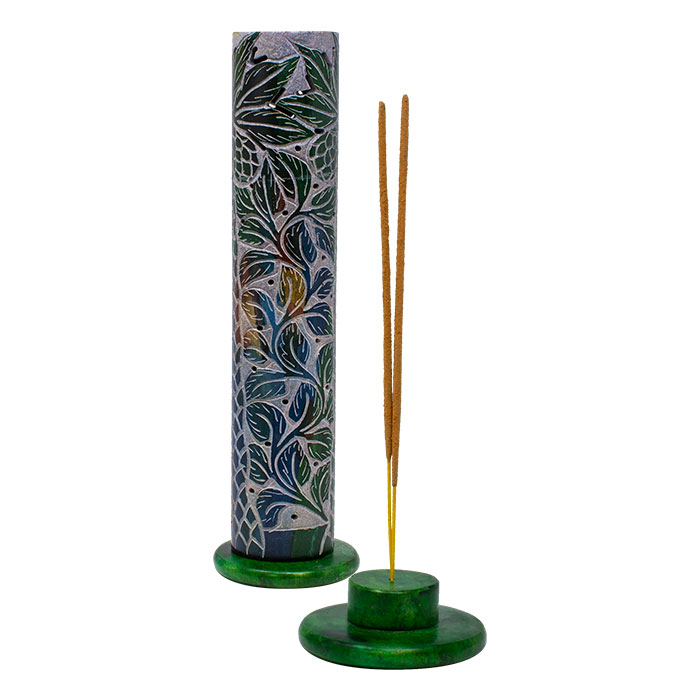 Green Tropical Tree & Elongated Leaves 11 Inches Soapstone Round Tower Incense Holder