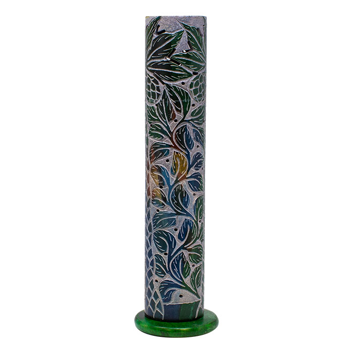 Green Tropical Tree & Elongated Leaves 11 Inches Soapstone Round Tower Incense Holder