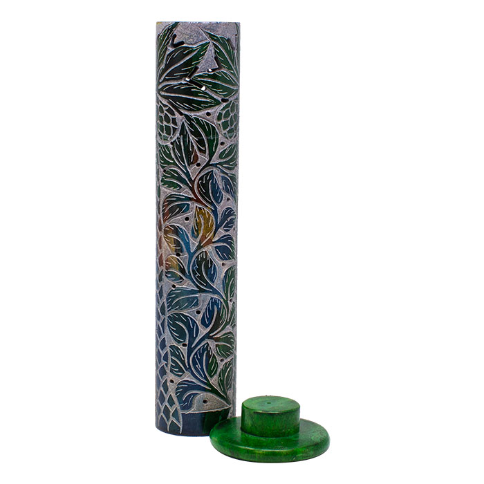 Green Tropical Tree & Elongated Leaves 11 Inches Soapstone Round Tower Incense Holder