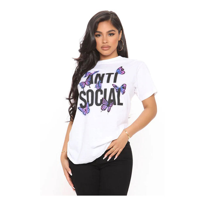 Women's Remaining Anti Social Butterfly Top White Tee T-Shirt