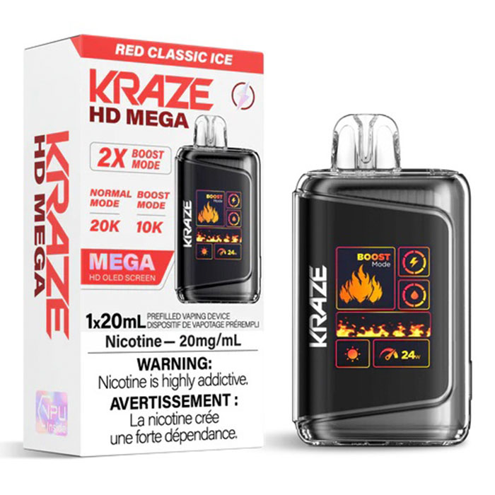 Red Classic Ice Kraze HD Mega 20000 Puffs Disposable Vape Ct 5