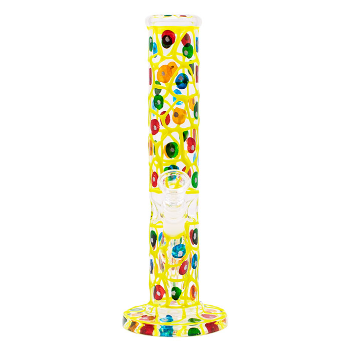 Green Hand Painted 10 Inches Cylindrical Dotted Glass Bong