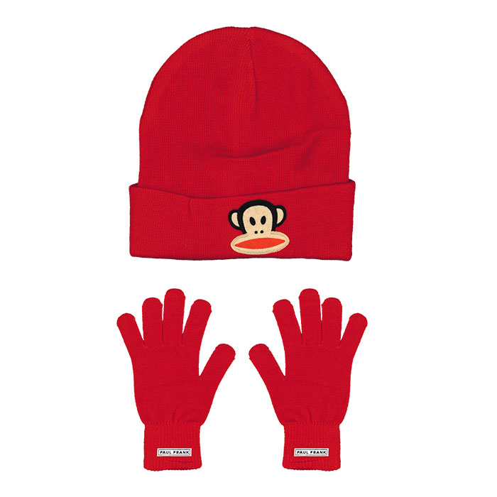 Red Paul Frank Iconic Julius the Monkey Knit Cuffed Toque with Gloves