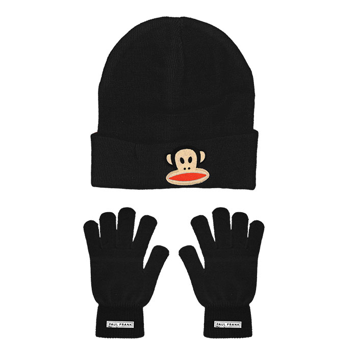 Black Paul Frank Iconic Julius the Monkey Knit Cuffed Toque with Gloves