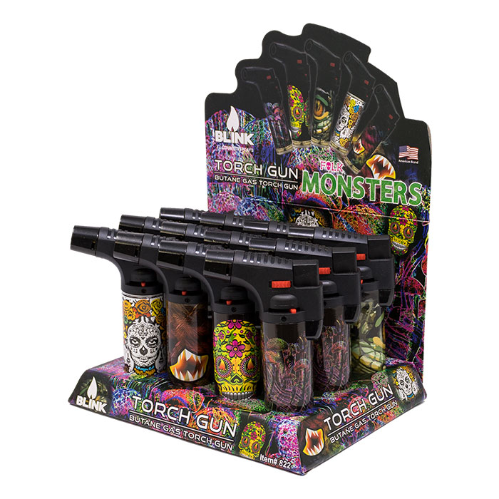 Blink Folk Monster Torch Gun Butane Gas Lighter Display Of 12