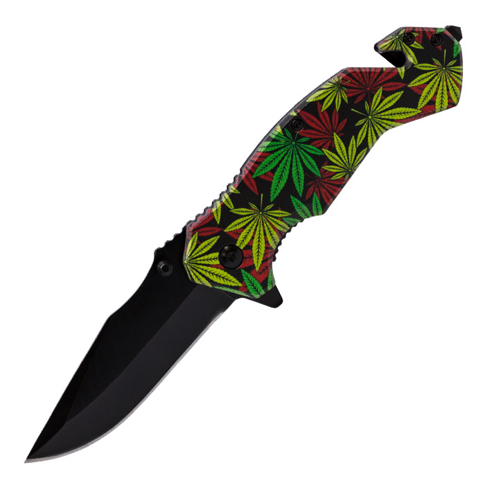 Colorful Cannabis Leaf Pattern Foldable Matt Finish Pocket Knife by Perucci