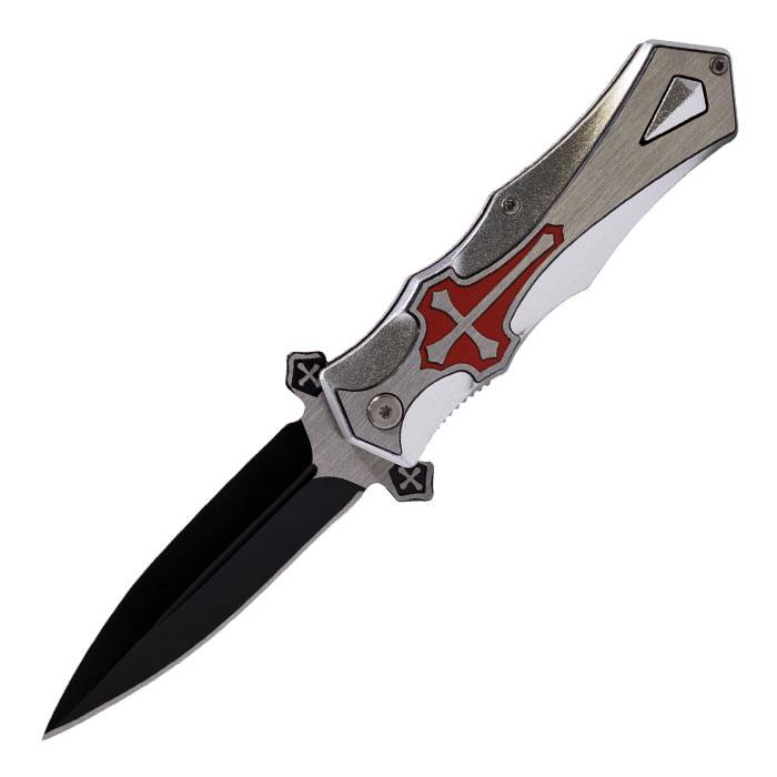 Iconic Metallic Gray Cross Foldable Pocket Knife by Perucci