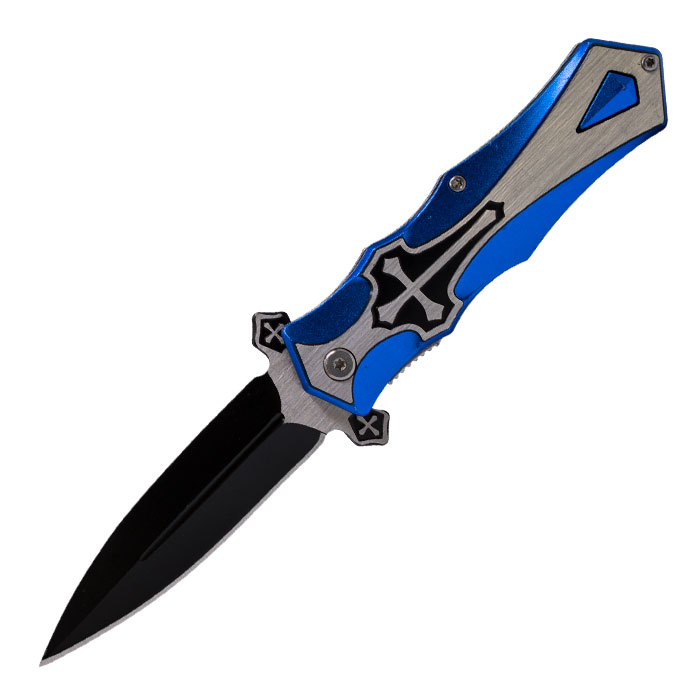 Iconic Metallic Blue Cross Foldable Pocket Knife by Perucci