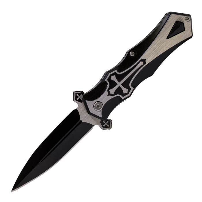 Iconic Metallic Black Cross Foldable Pocket Knife by Perucci