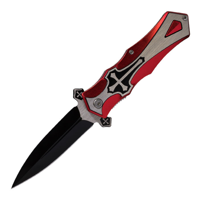 Iconic Metallic Red Cross Foldable Pocket Knife by Perucci