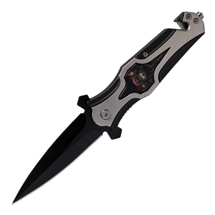 Handle Featuring Silver-Black Wolves Pack Illustration Foldable Pocket Knife by Perucci