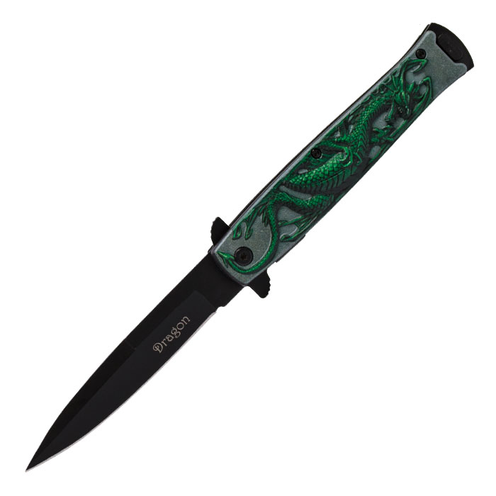 Green Embossed Wildfire Dragon Foldable Pocket Knife