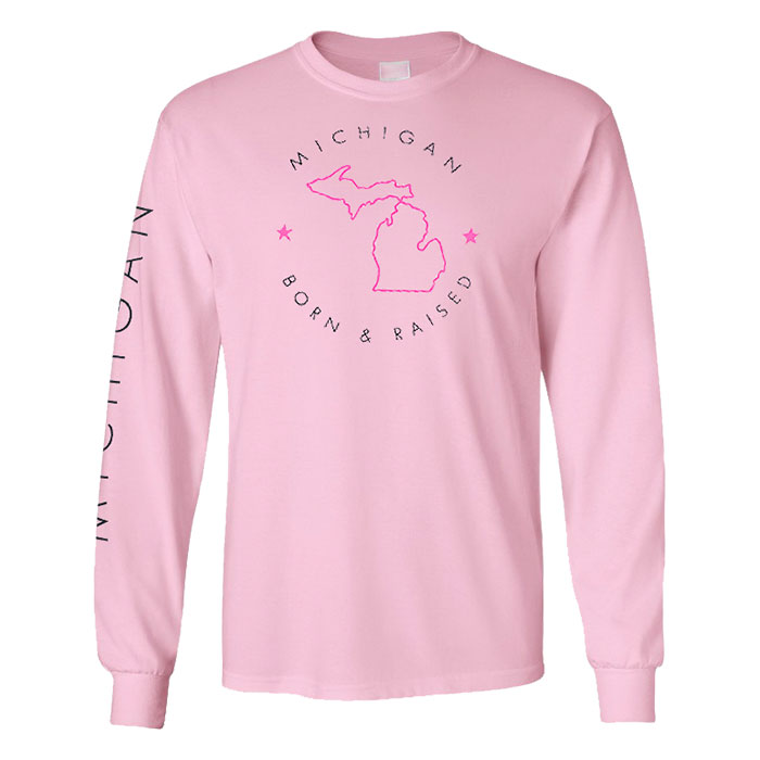 Unisex Pink Born & Raised Michigan Mad Engine Full Sleeves T-Shirt