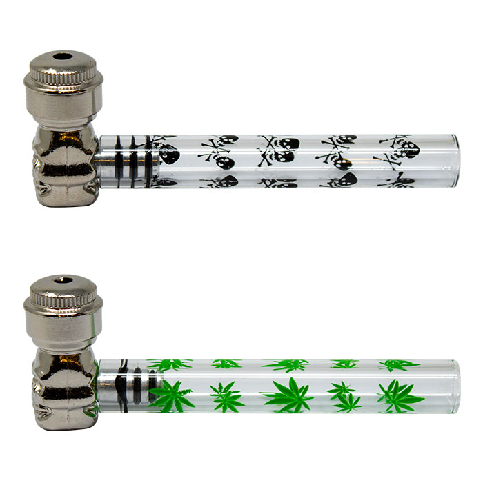 Assorted Glass Cannabis Plant Patterned 4 Inches Metal & Glass Pipe Set 