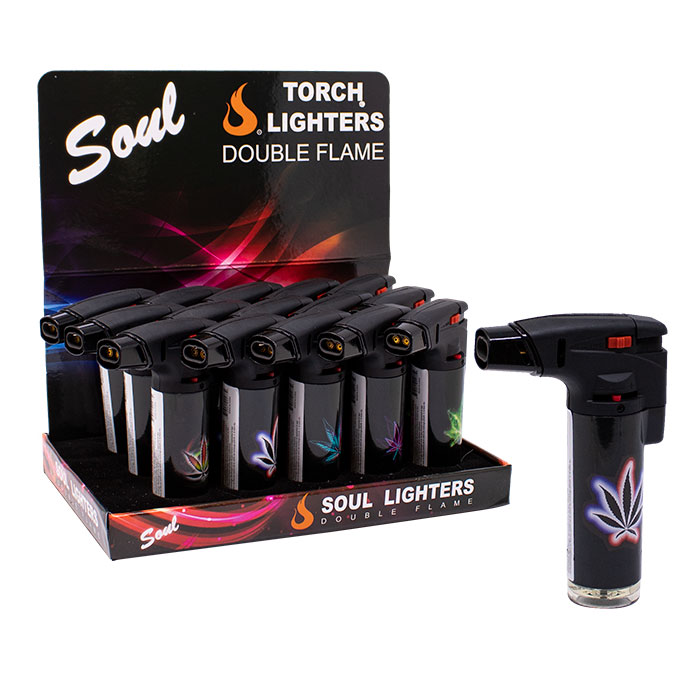 Soul Leaf Motif Torch Double Flame Lighters Display of 15 Soul Leaf Motif Torch Double Flame Lighters Display of 15