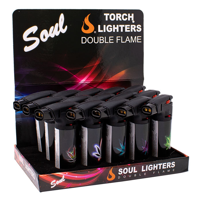 Soul Leaf Motif Torch Double Flame Lighters Display of 15