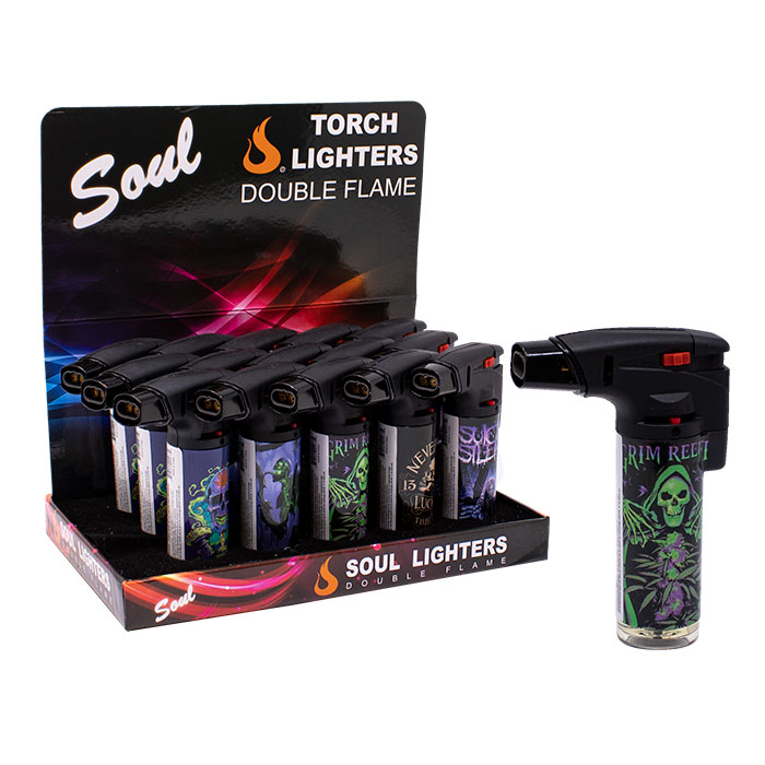 Soul Bone Face Torch Double Flame Lighters Display of 15 Soul Bone Face Torch Double Flame Lighters Display of 15