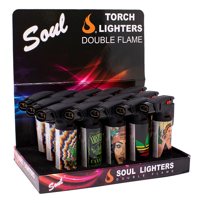 Soul Urban Woman Ash Curl Torch Double Flame Lighters Display of 15