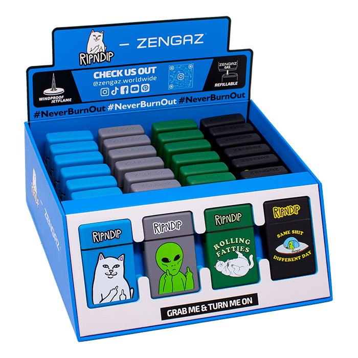 Zengaz X RIPNDIP Chip Jet Rubberized Cube Collaborative Series Jet Lighters Display Of 28 Zengaz X RIPNDIP Chip Jet Rubberized Cube Collaborative Series Jet Lighters Display Of 28