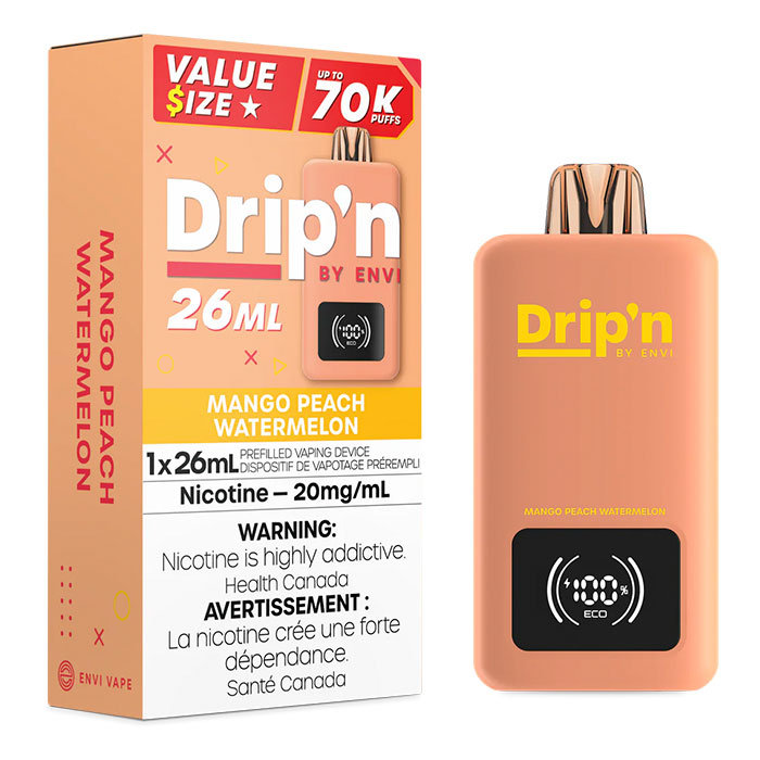Mango Peach Watermelon - Drip'n by Envi 26ML Disposable Vape Upto 70000 Puff Ct-5 Mango Peach Watermelon - Drip'n by Envi 26ML Disposable Vape Upto 70000 Puff Ct-5