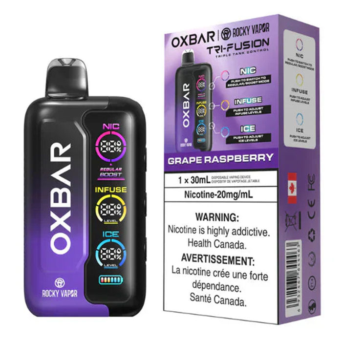 Grape Raspberry - Oxbar Rocky Vapor Tri Fusion 45,000 Puffs Disposable Vape Ct 5 Grape Raspberry - Oxbar Rocky Vapor Tri Fusion 45,000 Puffs Disposable Vape Ct 5