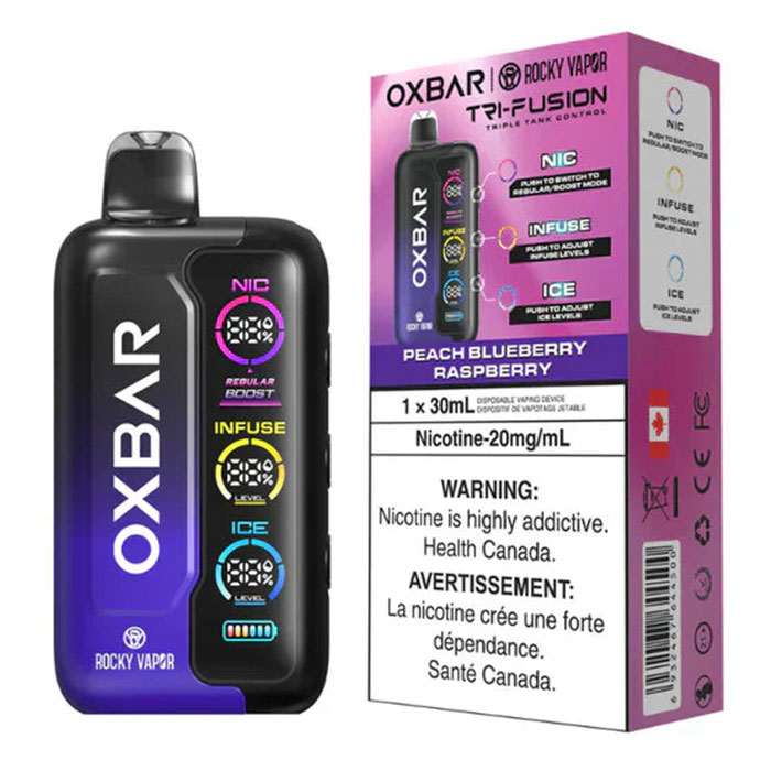 Peach Blueberry Raspberry - Oxbar Rocky Vapor Tri Fusion 45,000 Puffs Disposable Vape Ct 5 Peach Blueberry Raspberry - Oxbar Rocky Vapor Tri Fusion 45,000 Puffs Disposable Vape Ct 5