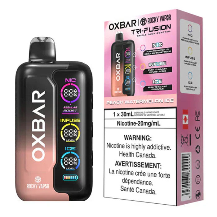 Peach Watermelon Ice - Oxbar Rocky Vapor Tri Fusion 45,000 Puffs Disposable Vape Ct 5 Peach Watermelon Ice - Oxbar Rocky Vapor Tri Fusion 45,000 Puffs Disposable Vape Ct 5