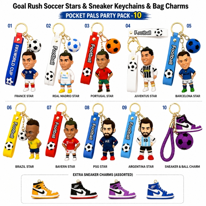 Goal Rush Soccer Stars & Sneaker Keychains & Bag Charms ~ Pocket Pals Party Pack-10