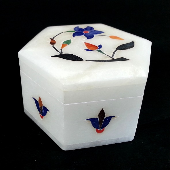 Hand Crafted Hexagon Flower Motif White Marble Jewel Box