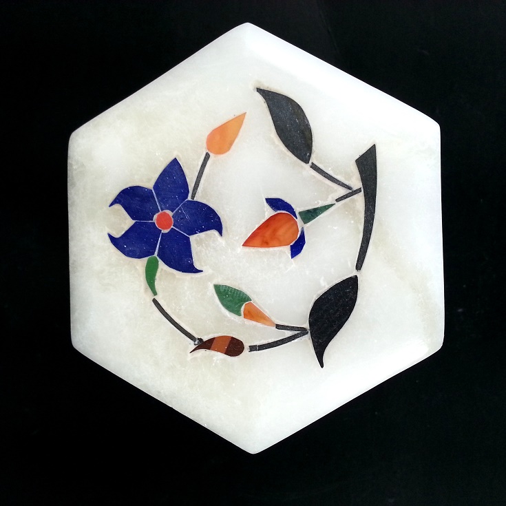 Hand Crafted Hexagon Flower Motif White Marble Jewel Box