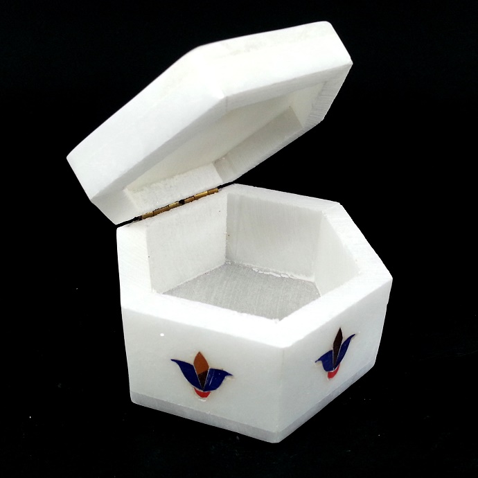 Hand Crafted Hexagon Flower Motif White Marble Jewel Box